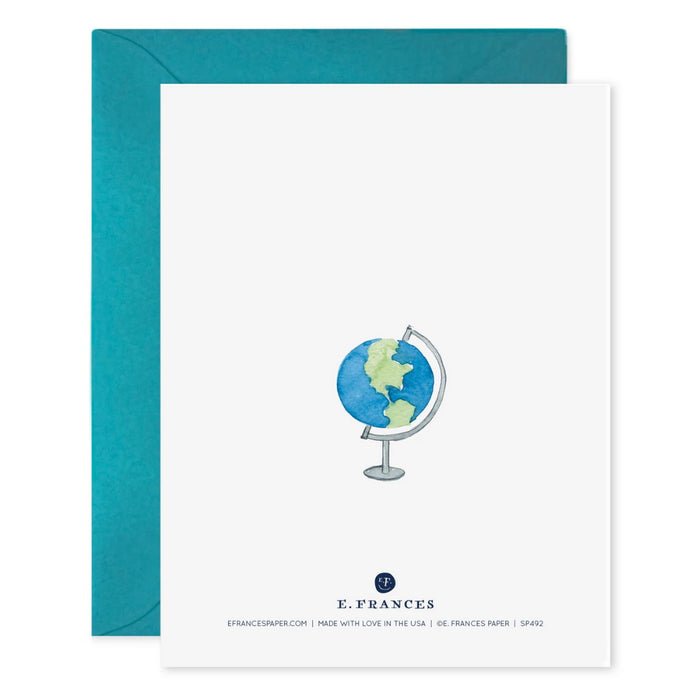 The E. FRANCES PAPER - TEACHER EQUALS HERO CARD by E. FRANCES PAPER is a white card with "TEACHER=HERO" in bold iridescent blue and "thank you" elegantly scripted in gold, made of luxe heavyweight paper. It exudes positivity and includes a matching teal envelope.