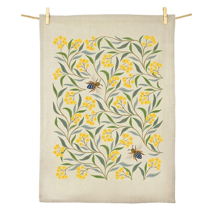 Earth Greetings Organic Cotton Tea Towel - Wattle & Blue Banded Bee
