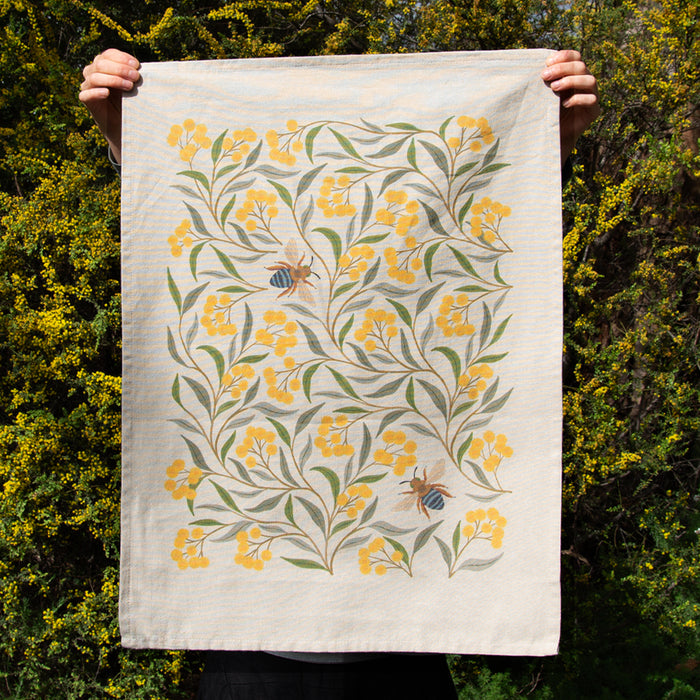 Earth Greetings Organic Cotton Tea Towel - Wattle & Blue Banded Bee