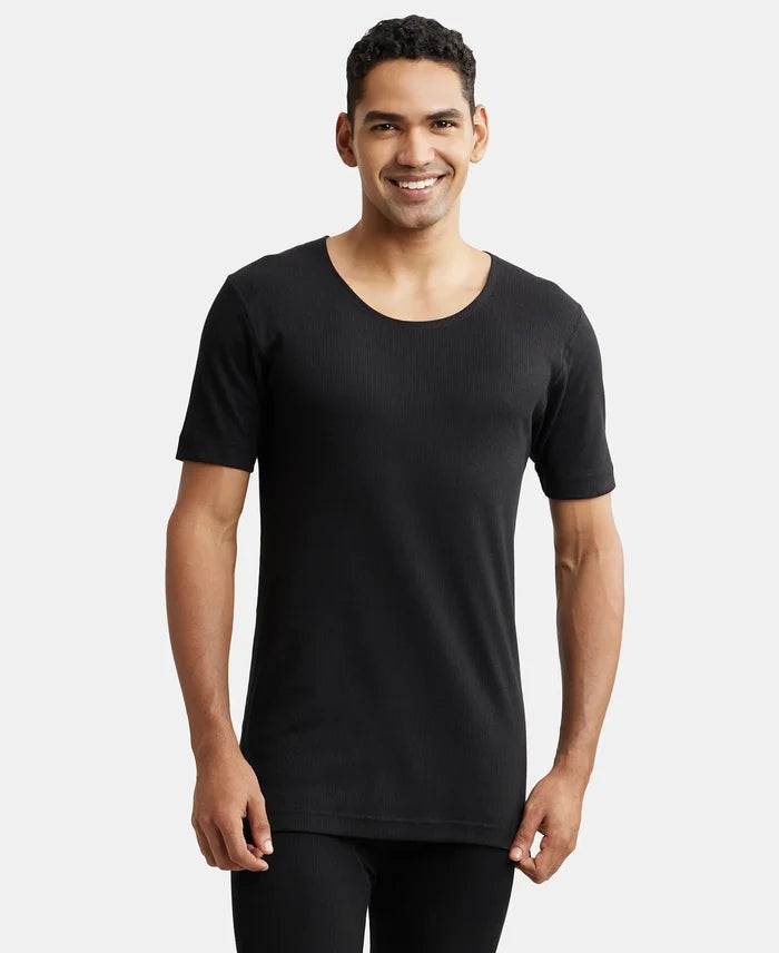 Super Combed Cotton Rich Half Sleeved Thermal Undershirt with StayWarm Technology - Black-1