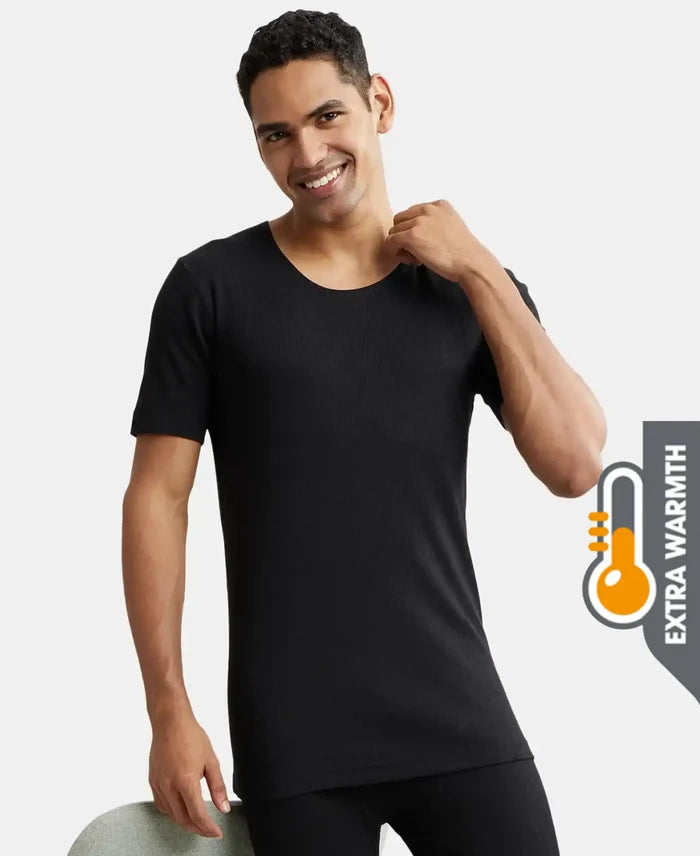 Extra Warmth Super Combed Cotton Rich Half Sleeved Thermal Undershirt with StayWarm Technology - Black