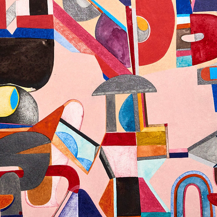 The artwork 'Fatalism dances with hope' by Sasha Hallock features an abstract geometric composition on pink background, incorporating bold shapes in red, blue, black, and orange. Mixed media techniques create textural contrasts, with curved and angular forms intersecting in a dynamic pattern. Spherical elements and half-circles balance against rectangular blocks, mounted on wood.