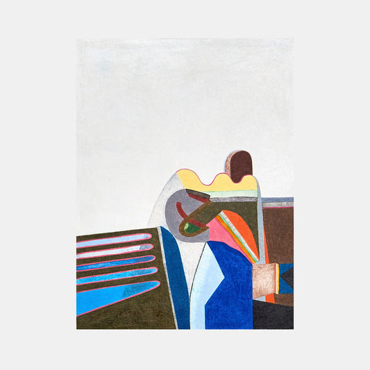 The artwork 'Father, help me' by Sasha Hallock features abstract geometric shapes in vibrant colors including deep blues, bright yellows, and warm browns. A minimalist figure appears in a contemplative pose against a light background. Mixed media techniques create distinct textural elements on paper mounted on wood, combining angular and curved forms in a modernist composition.