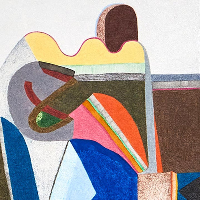 The artwork 'Father, help me' by Sasha Hallock features abstract geometric shapes in vibrant colors including deep blues, coral pink, yellow, and brown. The composition shows curved and angular forms intersecting in a modernist style, with layered mixed media textures on paper mounted on wood creating depth and movement through contrasting color blocks and organic lines.