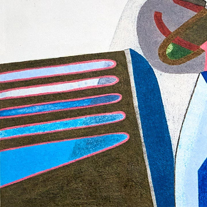 The artwork 'Father, help me' by Sasha Hallock features geometric abstraction with bold angular shapes in vivid blue, brown, and white. Five parallel curved lines in pink and blue create a rhythmic pattern against a dark background. The composition combines sharp edges with curved elements, using mixed media on paper mounted on wood, creating a modern, minimalist aesthetic.