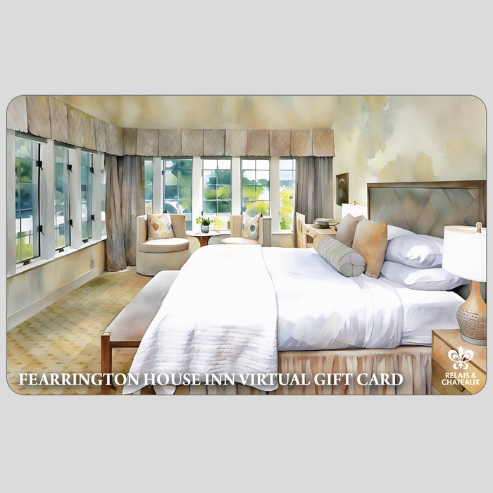 A digital e-gift card from FEARRINGTON VILLAGE shows an elegant hotel room and “FEARRINGTON HOUSE INN VIRTUAL E-GIFT CARD”—a perfect last-minute or special gift for the ultimate Fearrington experience.
