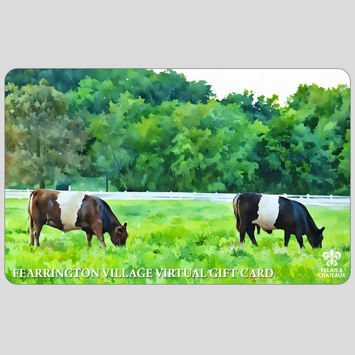 Three Belted Galloway cows graze before a white barn and fence. Text: “FEARRINGTON VILLAGE VIRTUAL E-GIFT CARD” with the FEARRINGTON VILLAGE logo—perfect for gifting an unforgettable Fearrington Village experience.