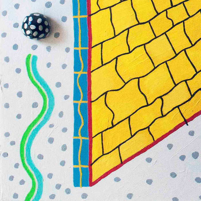 Flowin' through Tubes in an Infinite Loop by Ryan Patrick Martin features a dynamic composition with a polka-dotted spherical form, vibrant yellow geometric wall pattern, and flowing turquoise-green curves on a white dotted background. Created with acrylic, enamel, and epoxy clay textures on canvas. - Ryan Patrick Martin