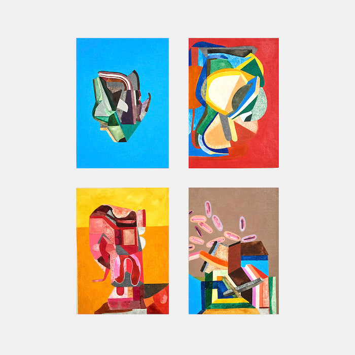 Four small works by Sasha Hallock features abstract geometric compositions arranged in a grid: top left shows angular green forms on vivid blue, top right displays curved shapes in white and teal against red, bottom left presents organic pink shapes on orange, and bottom right combines brown and pastel tones in a dynamic arrangement. Mixed media artwork, 15x11 inches.