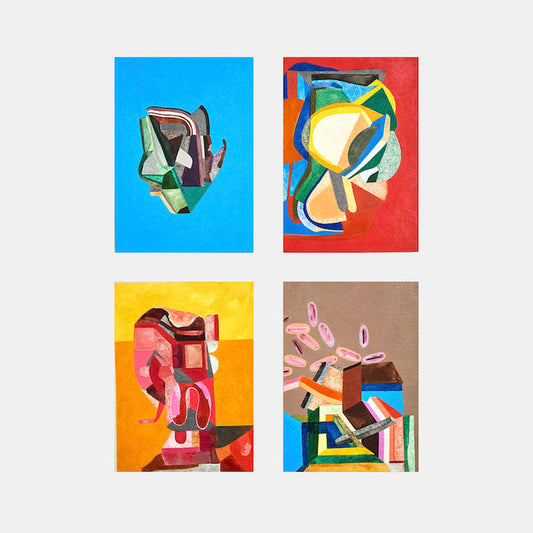 Four small works by Sasha Hallock features abstract geometric compositions arranged in a grid: top left shows angular green forms on vivid blue, top right displays curved shapes in white and teal against red, bottom left presents organic pink shapes on orange, and bottom right combines brown and pastel tones in a dynamic arrangement. Mixed media artwork, 15x11 inches.