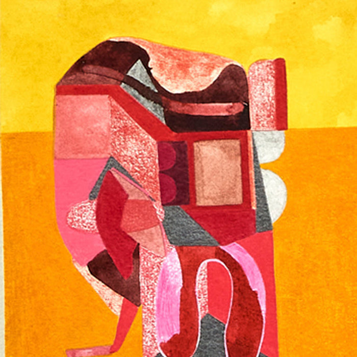 The artwork 'Four small works' by Sasha Hallock features an abstract geometric composition with overlapping shapes in shades of pink, red, and burgundy against a vibrant yellow and orange background. The textured forms create a modernist collage-like effect, with angular and curved elements interacting in a dynamic composition, measuring 15 x 11 inches.