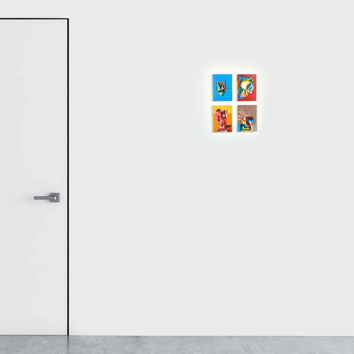 The artwork 'Four small works' by Sasha Hallock features a quartet of vibrant abstract paintings arranged in a grid format. Each piece showcases bold geometric shapes in bright turquoise, orange, and brown tones, creating a harmonious collection. The contemporary mixed media pieces, measuring 15x11 inches combined, display dynamic compositions with structured patterns and layered elements by Sasha Hallock.