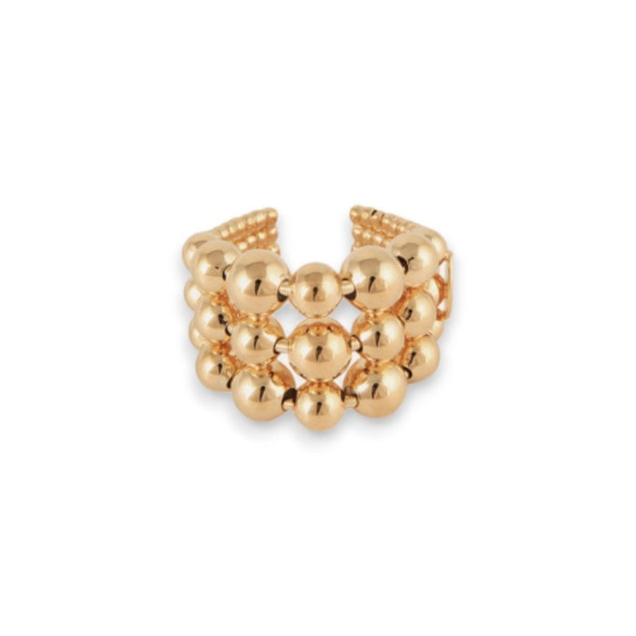 The GAS BIJOUX - MUTIPERLA RING features three rows of polished, gold-plated beads in an adjustable, open-back design by GAS BIJOUX, displayed against a white background.