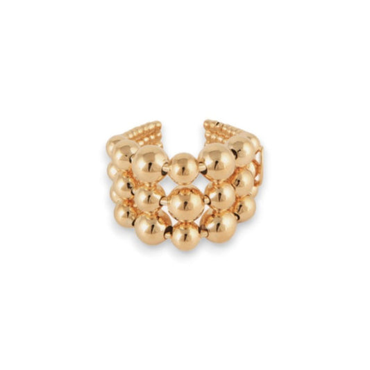 The GAS BIJOUX - MUTIPERLA RING features three rows of polished, gold-plated beads in an adjustable, open-back design by GAS BIJOUX, displayed against a white background.