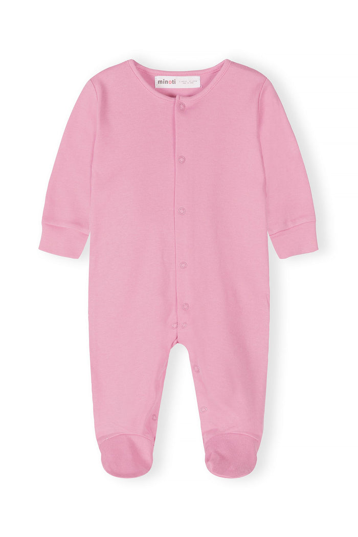 Front view of a pink long-sleeve sleepsuit with press studs and elasticated cuffs.