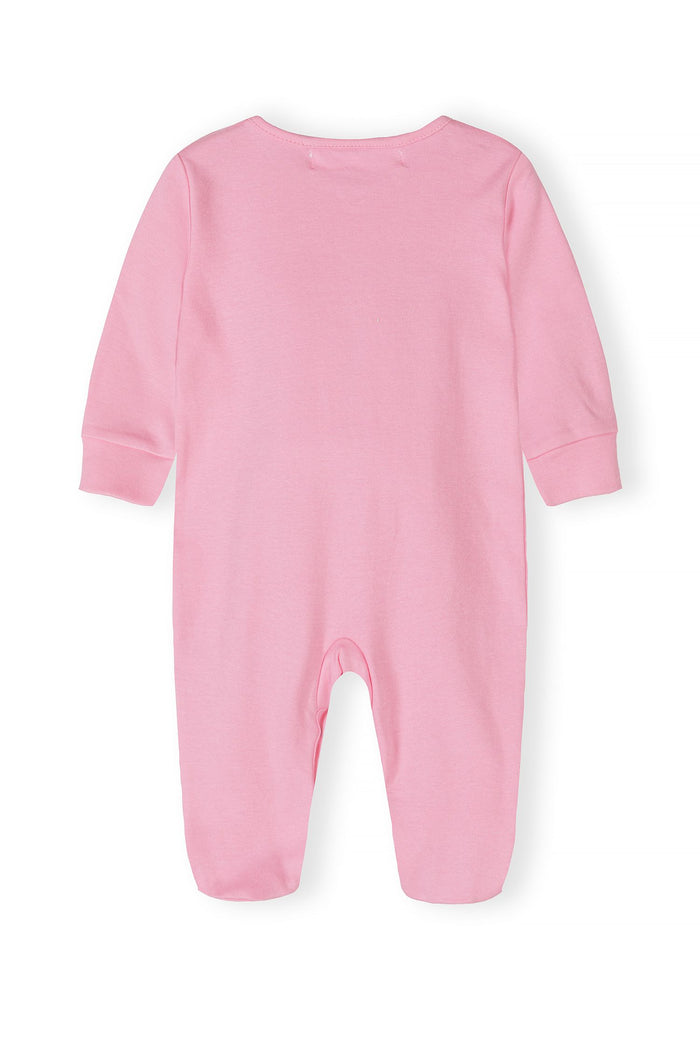 Back view of a pink long-sleeve sleepsuit for babies with elasticated cuffs.