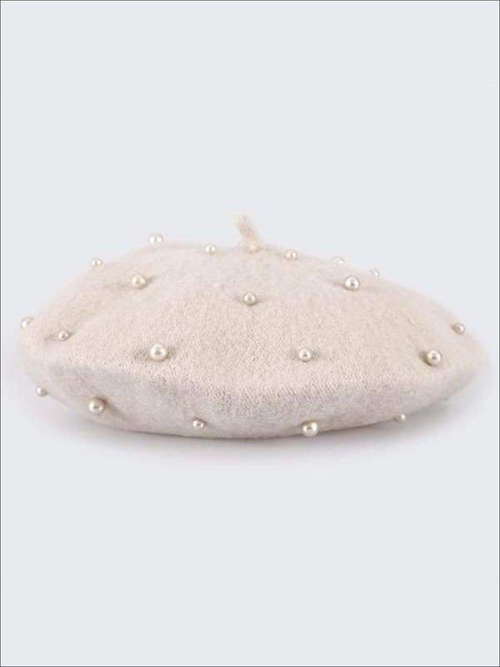 Girls Preppy Pearl Beret ( 9 color options) - Beige / One - Girls Beret