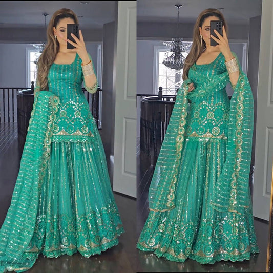 Green Colour Party Wear Look Top Lehenga and Dupatta With Heavy Embroidery Work Set