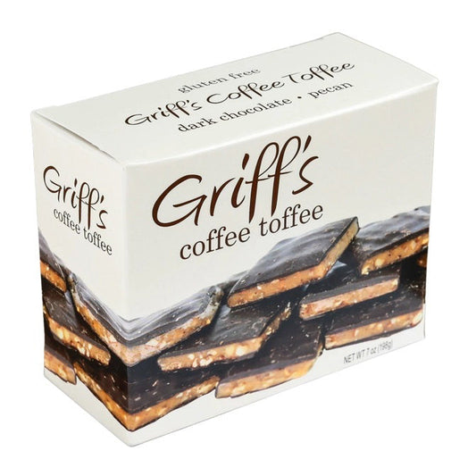 A 7oz box of GRIFF'S TOFFEE - COFFEE by GRIFFS TOFFEE, labeled gluten free, features rich dark chocolate and pecan toffee. The packaging shows tempting stacks of chocolate-coated coffee toffee pieces.