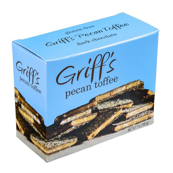 A 7oz box of GRIFF'S TOFFEE - PECAN TOFFEE by GRIFFS TOFFEE, gluten free, shown with chocolate-covered toffee and chopped pecans. Net weight: 7oz (198g).