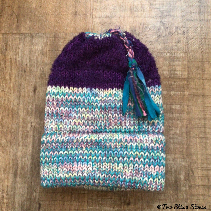Grow With Me - Turquoise & Purple Knit Funky Tassel Hat