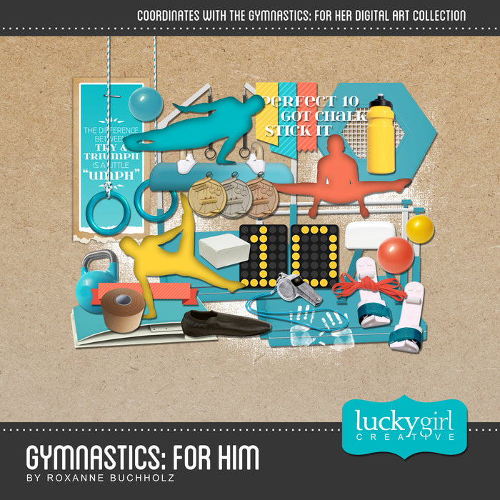 This colorful and fun digital art collection, Gymnastics For Him Digital Scrapbook Kit, covers all aspects of gymnastics in a photo-realist style that would appeal to the pre-teen and teen gymnasts. The Gymnastics For Him Digital Scrapbook Kit pairs perfectly with the Gymnastics For Her Digital Scrapbook Kit which features all you could need for a female gymnast along with many interchangeable word art pieces and inspirational sayings.