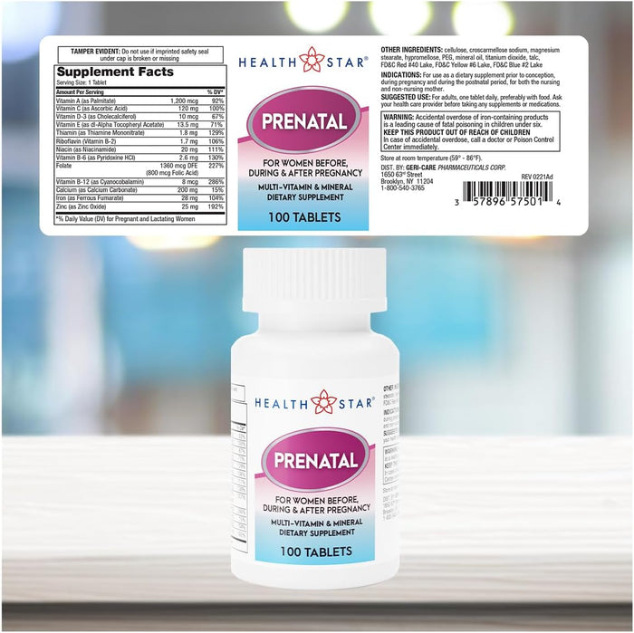 Healthstar Prenatal Vitamin Supplement, 100 tablets - 575-01-HST-Single - LL Medico