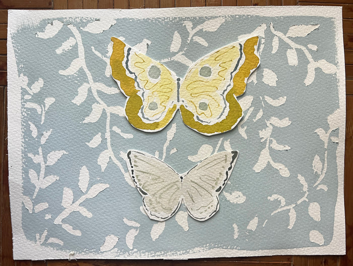 Hidden Gardens: Butterfly Branches Sky, Original 9x12