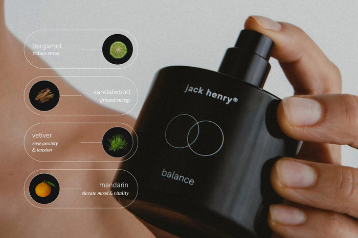 A black 50ml bottle of JACK HENRY - BALANCE EAU DE PARFUM, branded with minimalist white text and two interlocking circles, is shown against a white background with a shadow to the right.