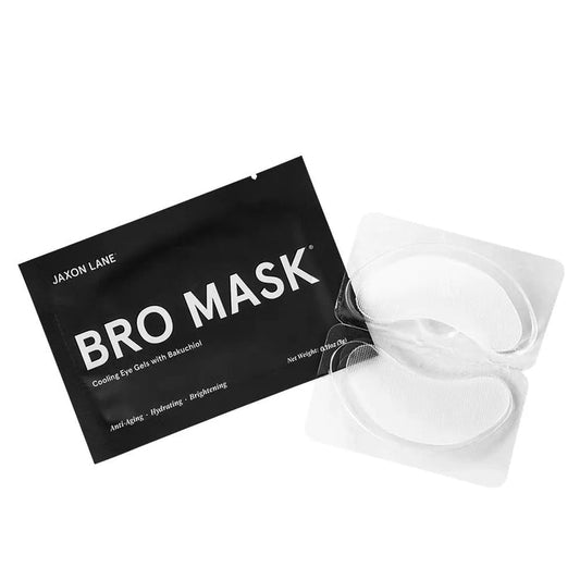 A black JAXON LANE BRO MASK HYDROGEL COOLING EYE GELS 6 PACK sits beside two eye gels in a clear tray—ideal for hydrating, brightening, and reducing dark circles or puffiness. The pack highlights its anti-aging, hydrating, and brightening benefits.
