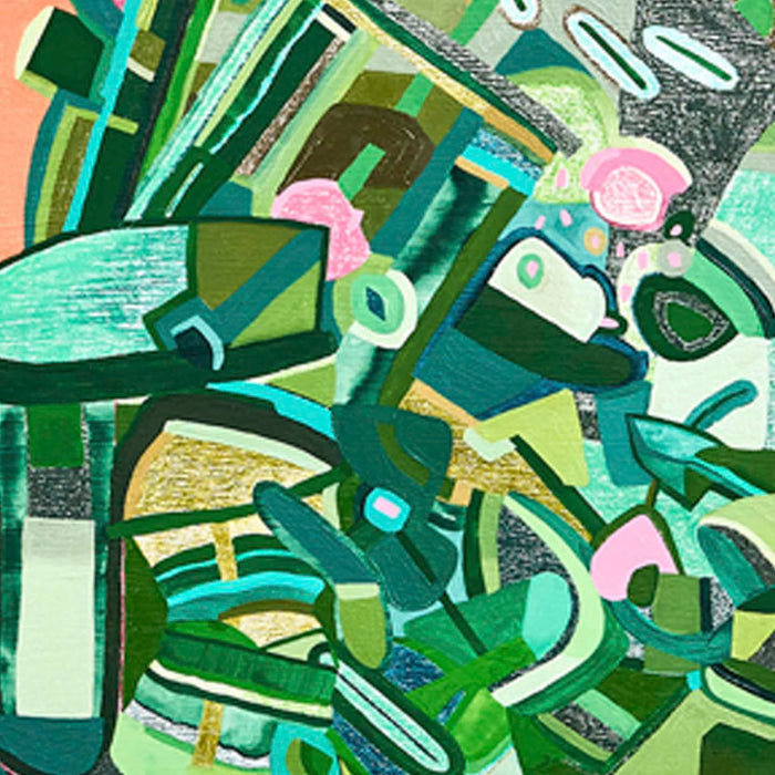 The artwork 'Joyful Reunion in Springtime' by Sasha Hallock features an abstract composition dominated by vibrant green geometric shapes layered with curved forms. Pink accents punctuate the emerald palette, while turquoise and mint tones create depth. The mixed media painting combines acrylic and oil on wood panel, showcasing dynamic brushstrokes and organic patterns that interweave throughout the 18x18 inch surface.