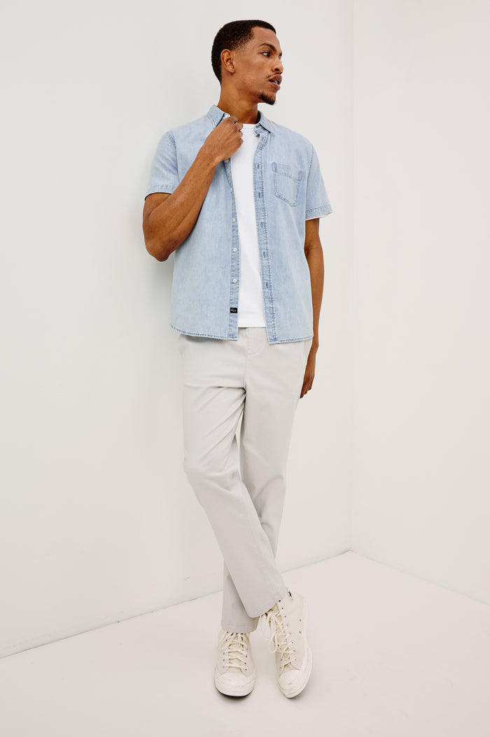 Julian Pants with an Elastic Waist, Two Front Pockets and Two Back Welt Pockets in Natural Colorway - Full body front View Featured on Model