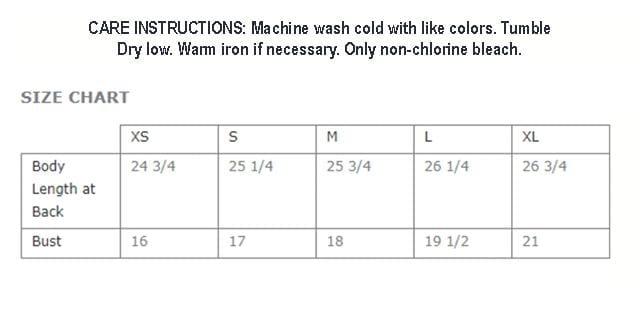 Care & size chart image. Machine wash cold, tumble dry low.
