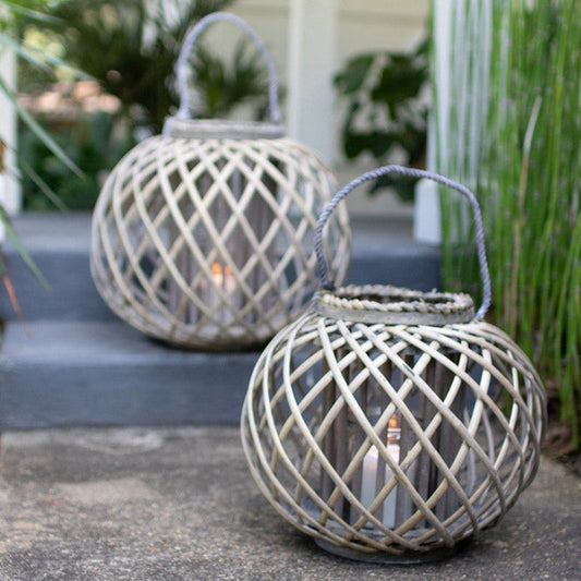Candle Lantern Kalalou CLUX1010 Small Round Grey Willow Lantern With Glass Candle Insert Kalalou