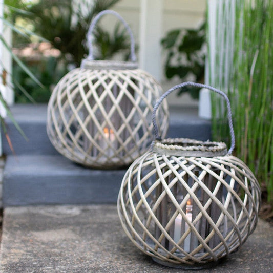 Candle Lantern Kalalou CLUX1012 Small Round Grey Willow Lantern With Glass Candle Insert Kalalou