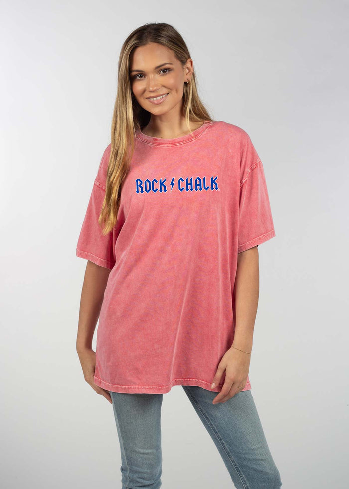 Kansas Jayhawks Unisex Cardinal Oversized Mineral wash T-Shirt with Lived-in feel and look, short sleeve, crew neck and drop shoulders