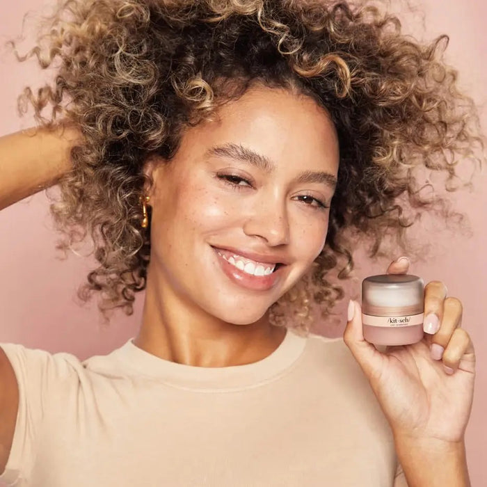 The image features the KITSCH - RICE WATER PROTEIN SHAMPOO BAR, a strength-enhancing solid shampoo infused with rice water protein. The packaging highlights its color-safe, pH-balanced, vegan benefits and repair properties for damaged hair, with a white box displaying black and peach text.