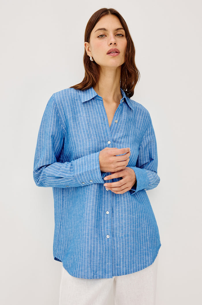 Knox Button-Up Shirt in Linen Viscose With Collar, Front Buttons, Long Sleeves, and Relaxed Fit in Avalon Stripe Colorway - Upper Body Front View Featured on Model