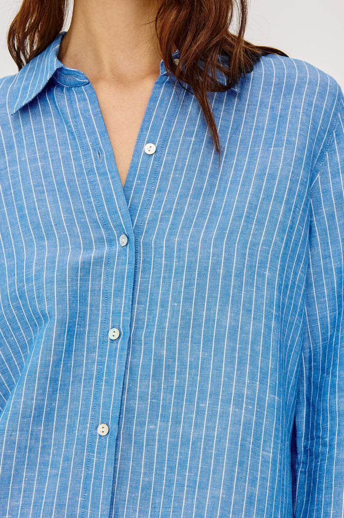 Knox Button-Up Shirt in Linen Viscose With Collar, Front Buttons, Long Sleeves, and Relaxed Fit in Avalon Stripe Colorway - Upper Body Front View Featured on Model