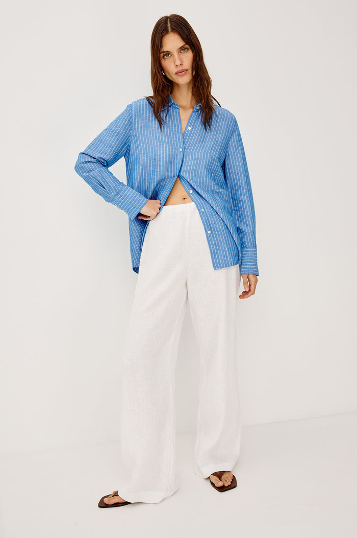 Knox Button-Up Shirt in Linen Viscose With Collar, Front Buttons, Long Sleeves, and Relaxed Fit in Avalon Stripe Colorway - Full Body Front View Featured on Model