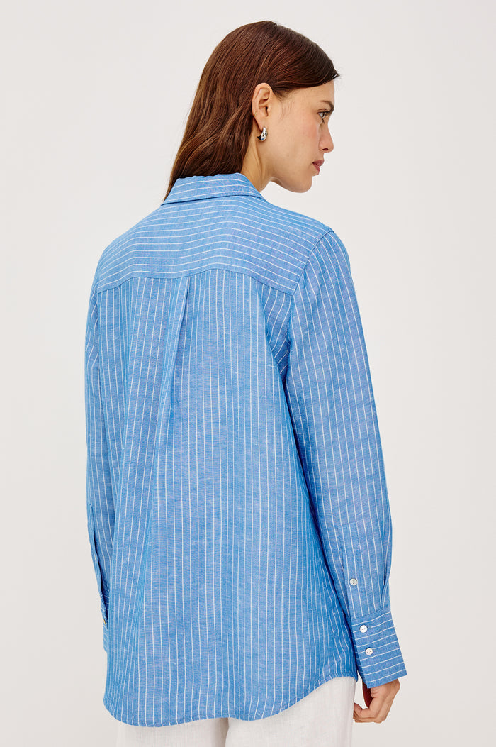 Knox Button-Up Shirt in Linen Viscose With Collar, Front Buttons, Long Sleeves, and Relaxed Fit in Avalon Stripe Colorway - Upper Body Back View Featured on Model