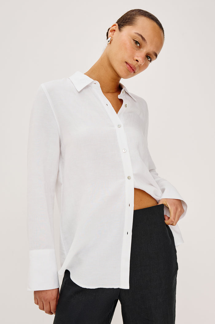 Knox Button-Up Shirt in Linen Viscose With Collar, Front Buttons, Long Sleeves, and Relaxed Fit in White Colorway - Upper Body Front View Featured on Model