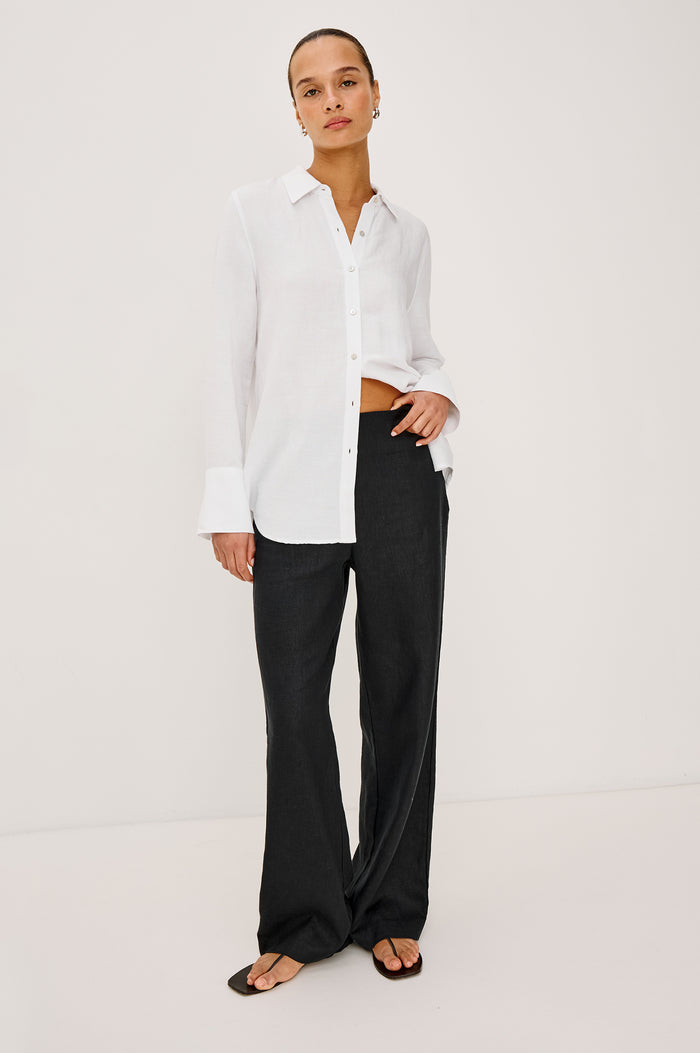 Knox Button-Up Shirt in Linen Viscose With Collar, Front Buttons, Long Sleeves, and Relaxed Fit in White Colorway - Full Body Front View Featured on Model