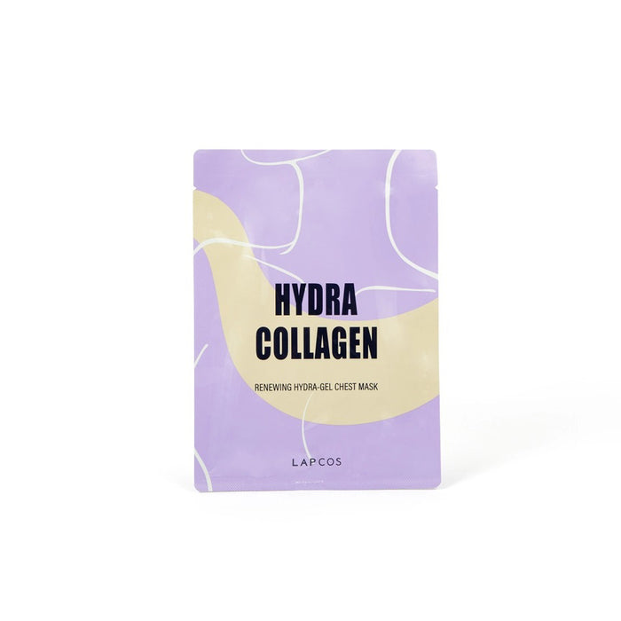 The LAPCOS HYDRA COLLAGEN CHEST MASK delivers intense hydration to the chest area and features a stylish lavender and beige pouch with an abstract design.