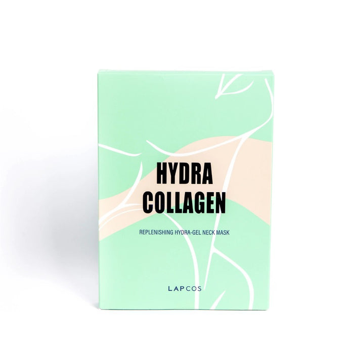 A pastel green box with abstract beige and white lines features "HYDRA COLLAGEN" and "Replenishing Neck Hydra-Gel Mask with Marine Collagen and Hyaluronic Acid," highlighting the LAPCOS - HYDRA COLLAGEN NECK MASK by LAPCOS at the bottom.