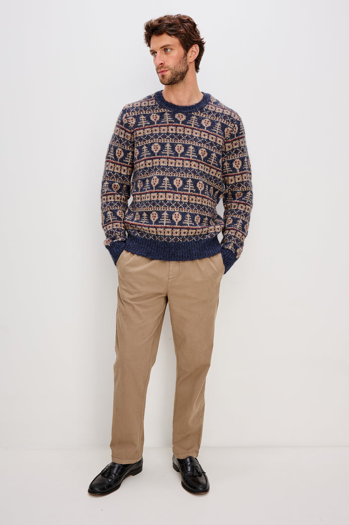 Lars Crewneck Sweater in Merino Wool Blend With Relaxed Fit With Fair Isle Motifs, Long Sleeves, and Ribbed Trim - Front Upper Body View Featured on MOdel