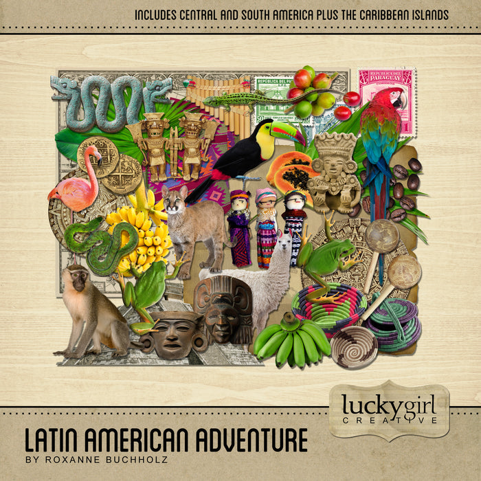 The Latin American Adventure Digital Scrapbook Kit is a diverse collection of digital art of Latin American embellishments, artifacts, and beautiful flora and fauna. If you have been meaning to document your memories from a trip to Central or South America or any of the Spanish/Portuguese speaking islands of the Caribbean, or are possibly planning a trip there soon, this collection is just what you need!
