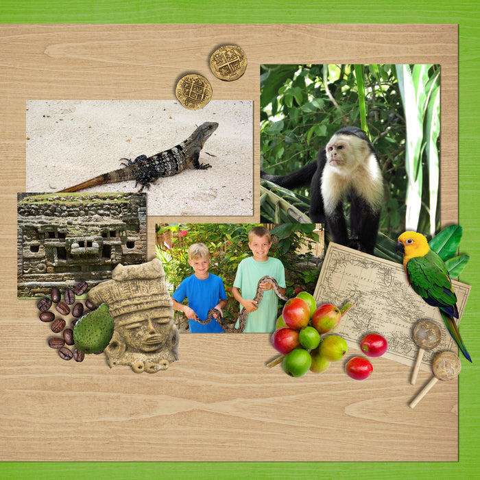 The Latin American Adventure Digital Scrapbook Kit is a diverse collection of digital art of Latin American embellishments, artifacts, and beautiful flora and fauna. If you have been meaning to document your memories from a trip to Central or South America or any of the Spanish/Portuguese speaking islands of the Caribbean, or are possibly planning a trip there soon, this collection is just what you need!