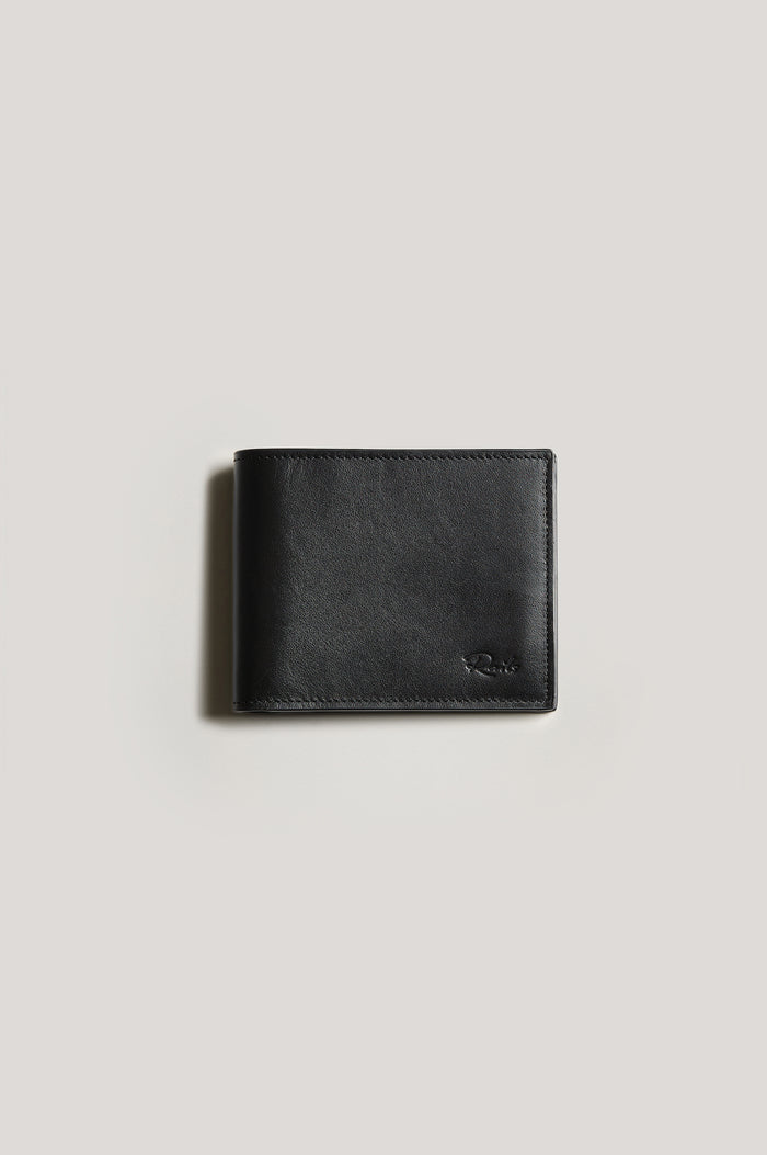 Leather wallet in black color, folded. Front view featured.