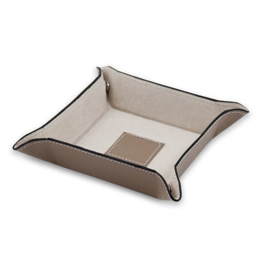 The LEATHER VALET IN TAUPE by BEYBERK INTERNATIONAL features taupe leather, black trim, raised edges, a stitched center patch, and pigskin leather lining. Elegantly displayed against a white background.